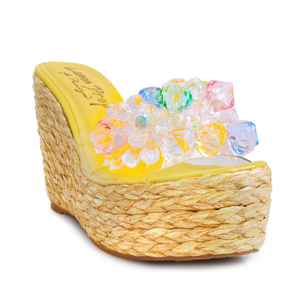 Clear vinyl upper with rhinestones women's slip on platform heel in yellow-corner view