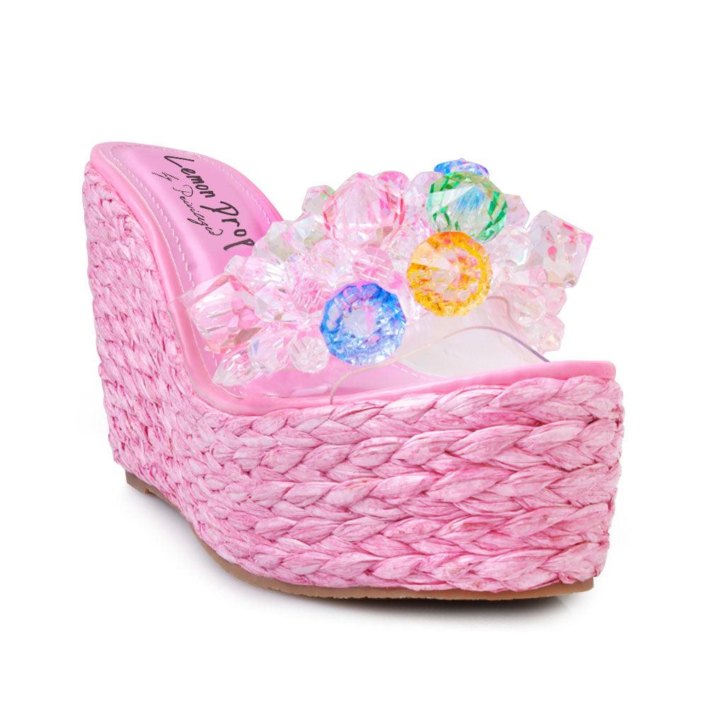 Clear vinyl upper with rhinestones women's slip on platform heel in pink-corner view