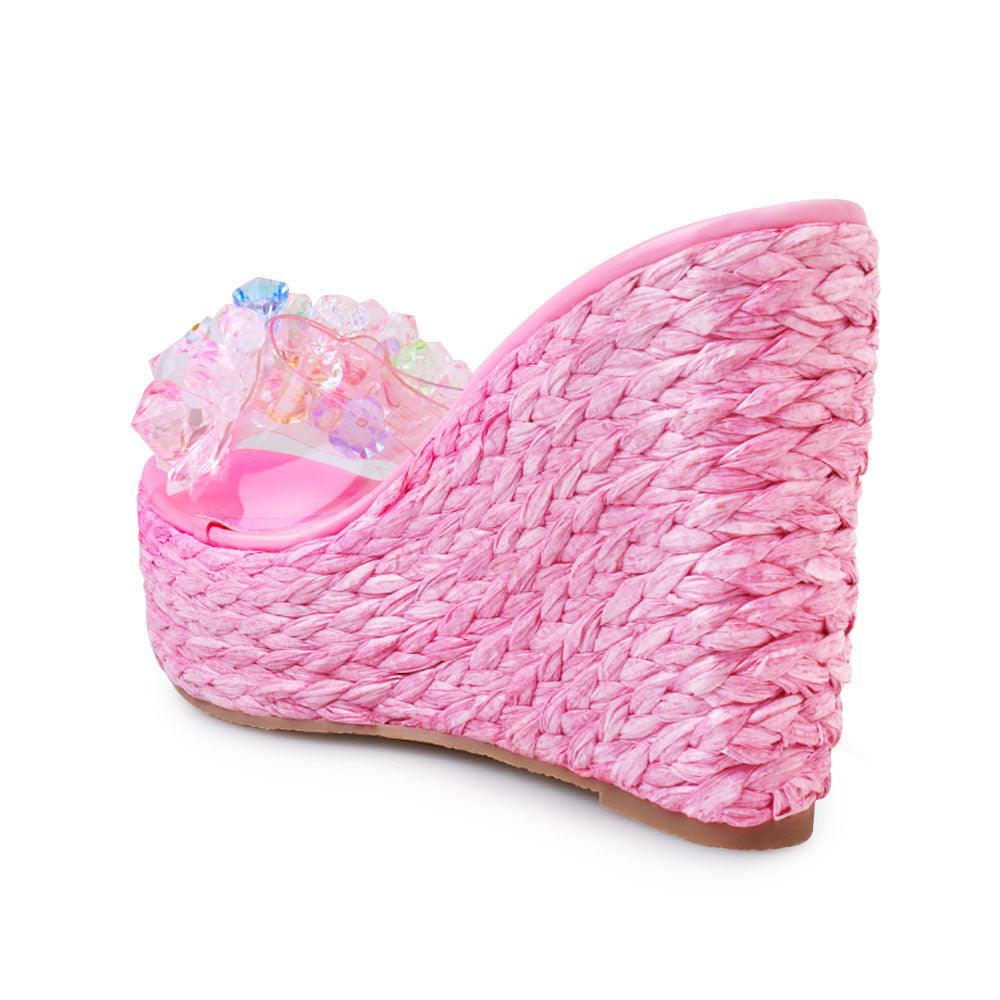 Clear vinyl upper with rhinestones women's slip on platform heel in pink-posterior view