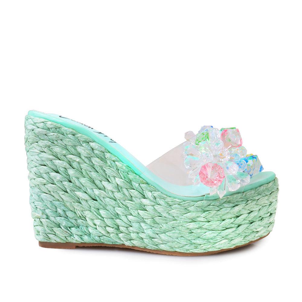 Clear vinyl upper with rhinestones women's slip on platform heel in mint-side view