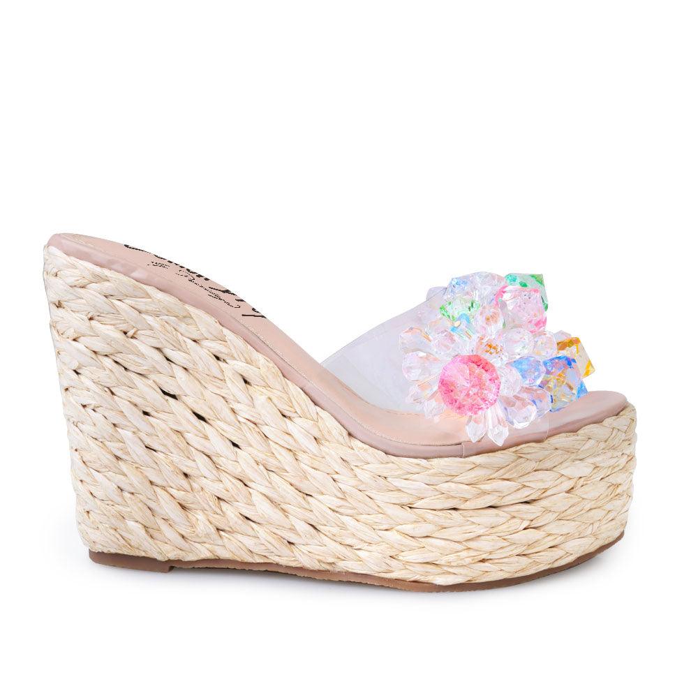 Clear vinyl upper with rhinestones women's slip on platform heel in nude-side view