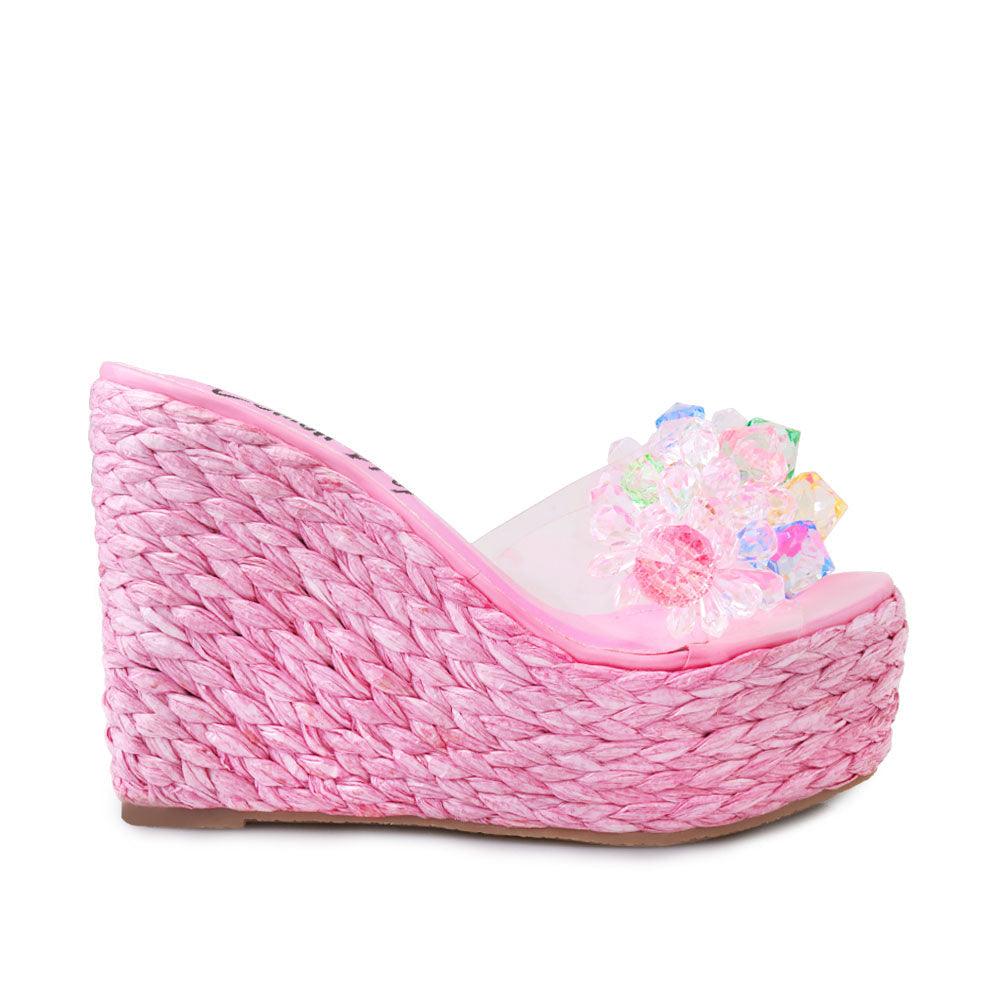 Clear vinyl upper with rhinestones women's slip on platform heel in pink-side view