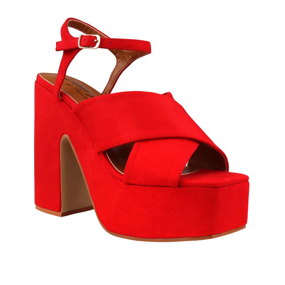 Red coloured vegan leather open toe women block heel-corner view