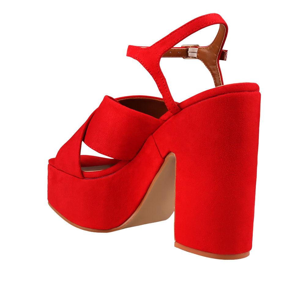 Red coloured vegan leather open toe women block heel-posterior view