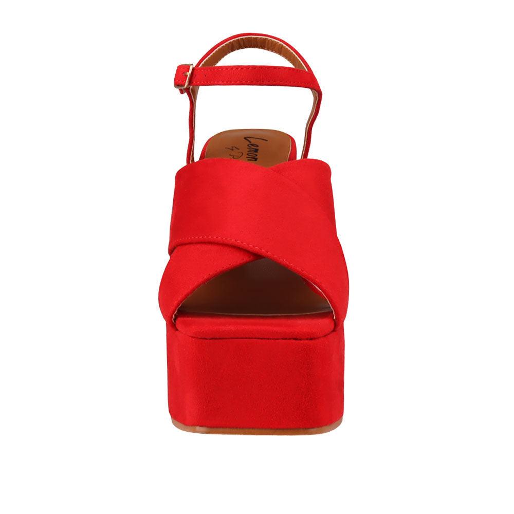 Red coloured vegan leather open toe women block heel-front view