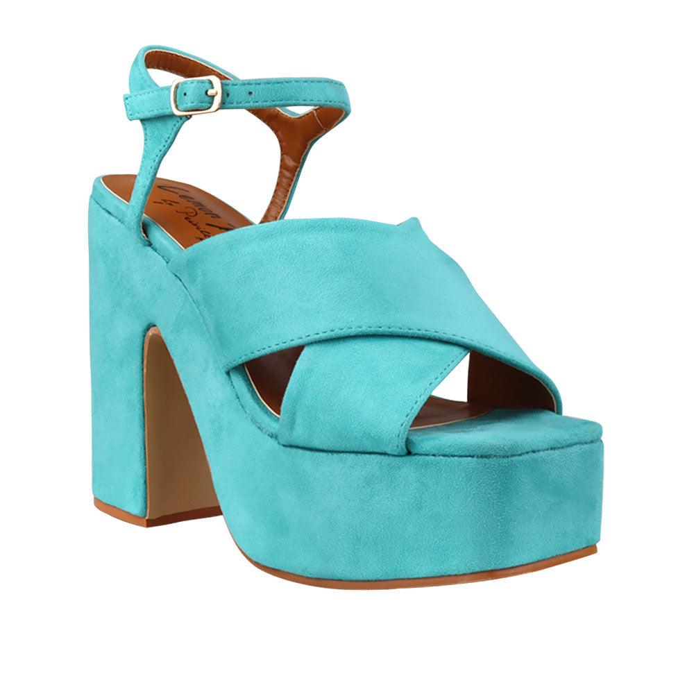 Turquoise coloured vegan leather open toe women block heel-corner view