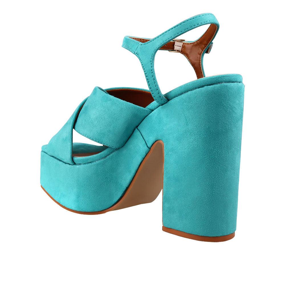 Turquoise coloured vegan leather open toe women block heel-posterior view