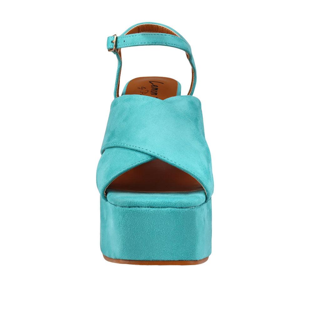Turquoise coloured vegan leather open toe women block heel-front view