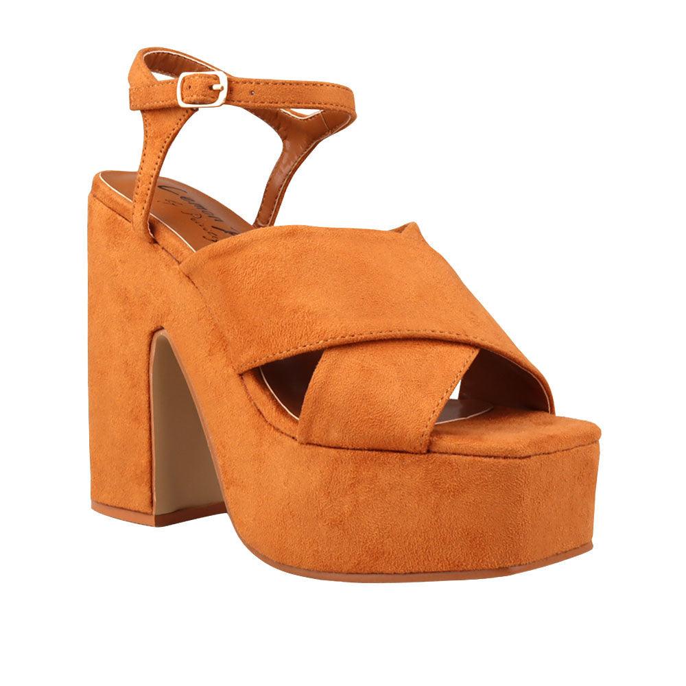 Camel coloured vegan leather open toe women block heel-posterior view
