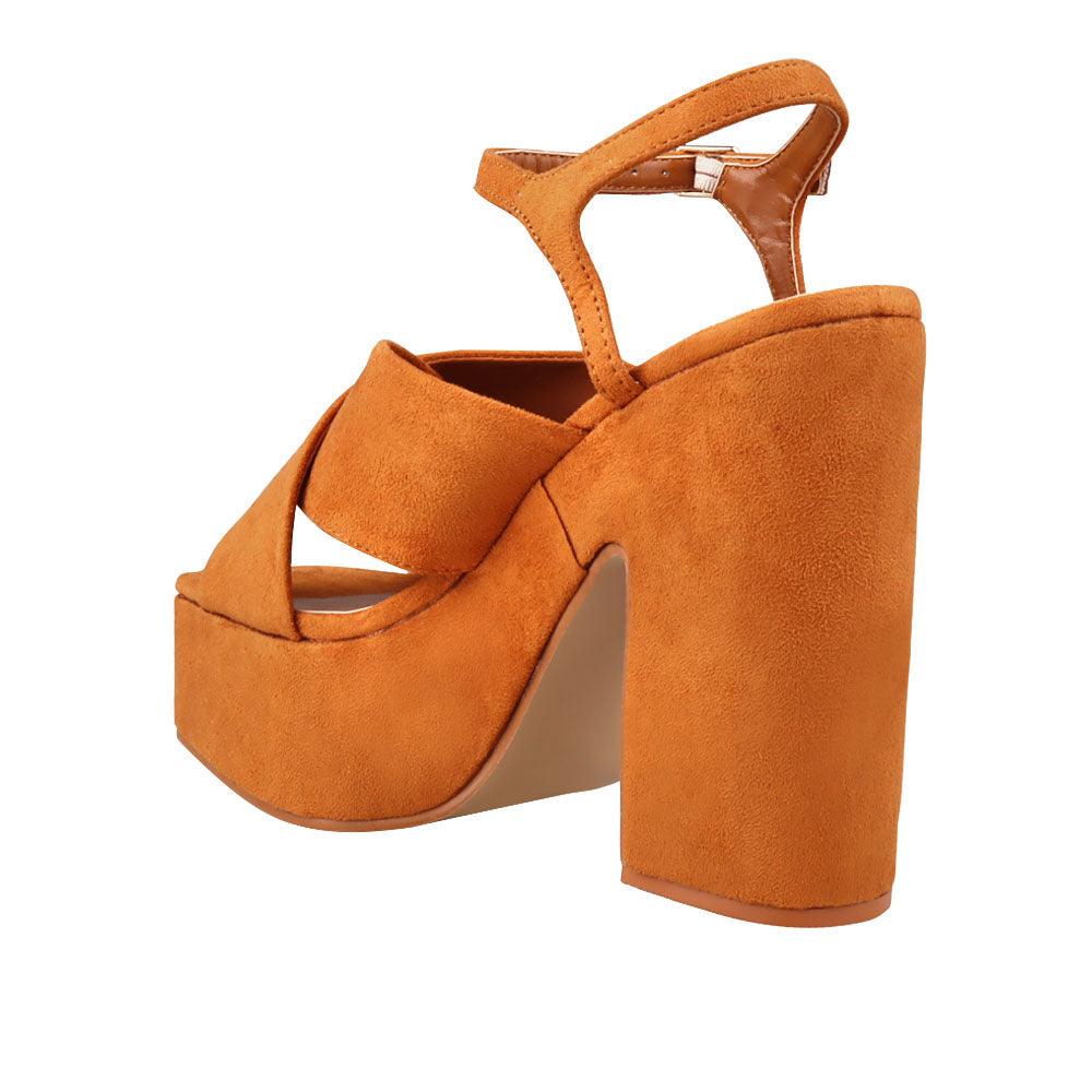 Camel coloured vegan leather open toe women block heel-posterior view