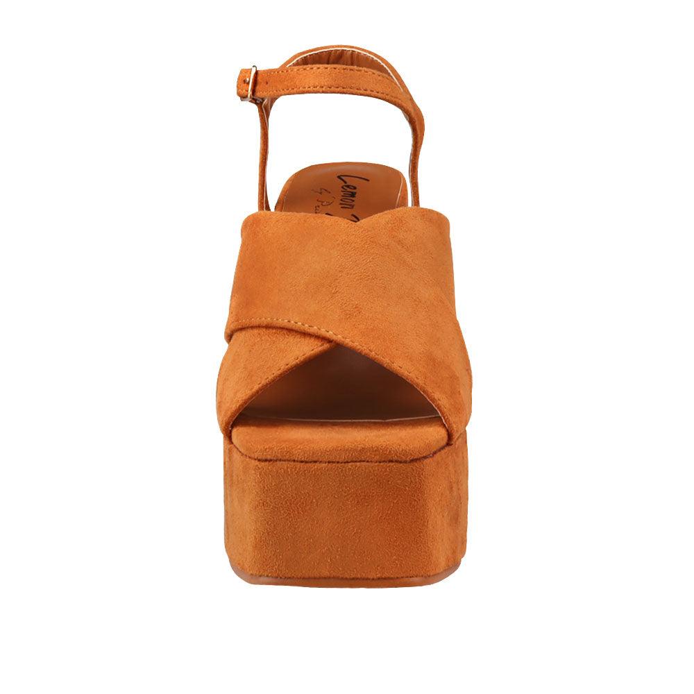 Camel coloured vegan leather open toe women block heel-front view