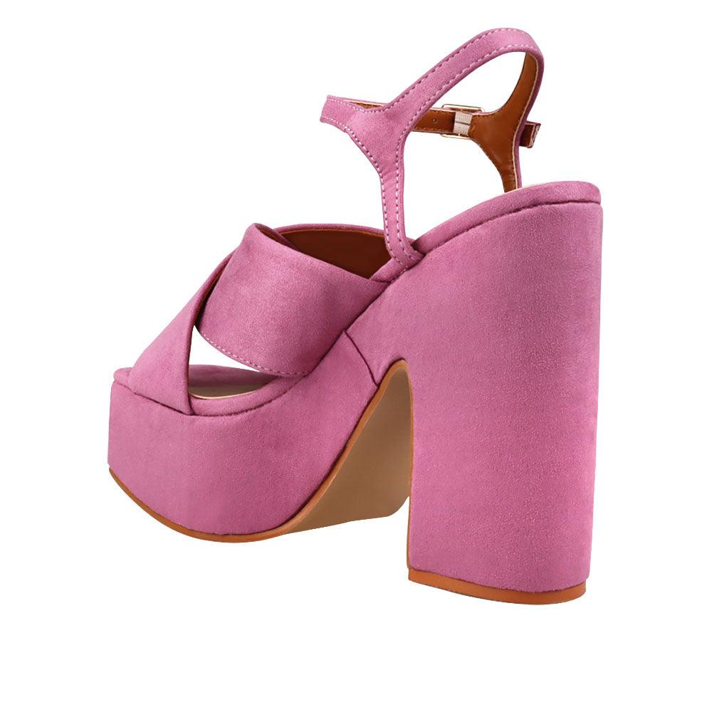 Lilac coloured vegan leather open toe women block heel-posterior view