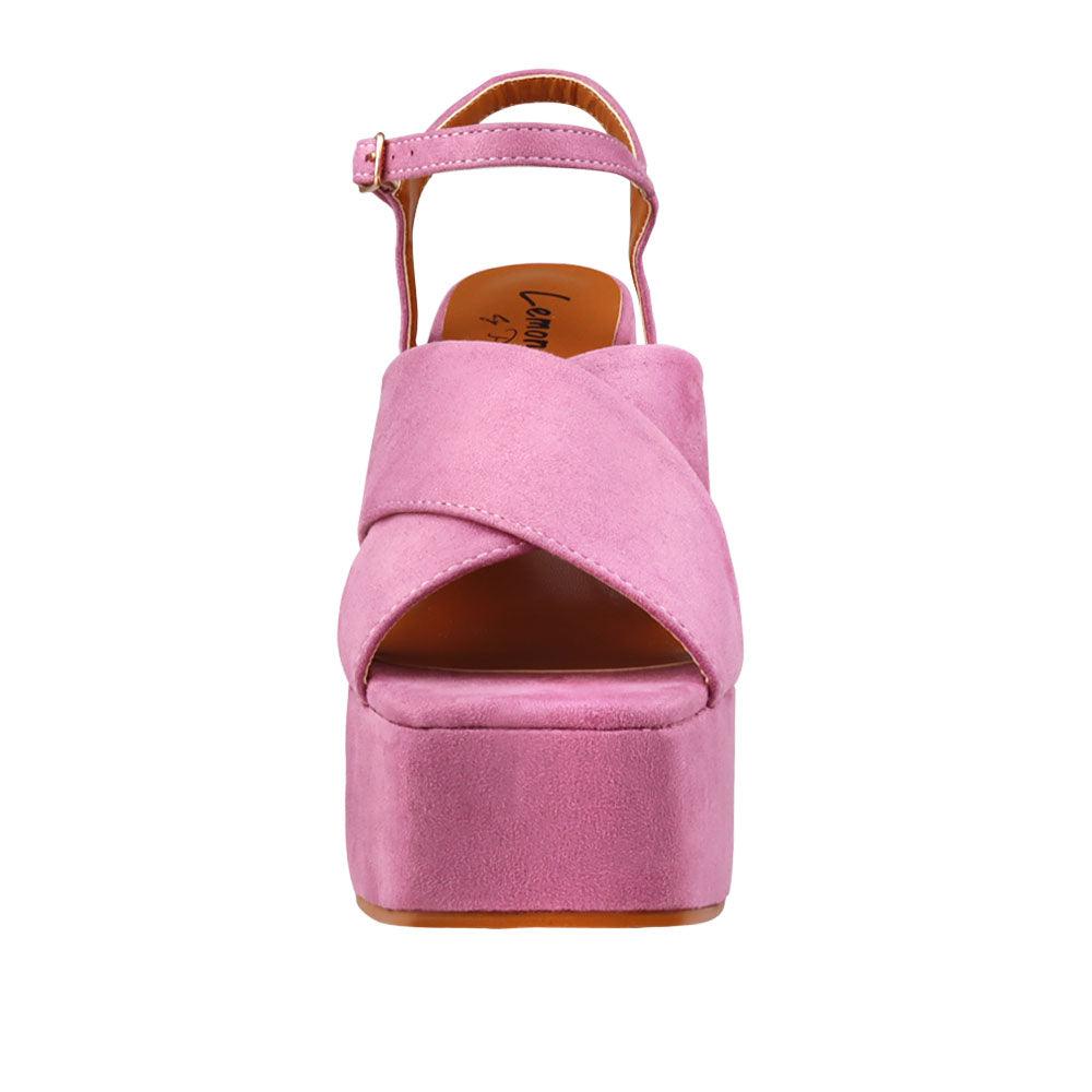 Lilac coloured vegan leather open toe women block heel-front view