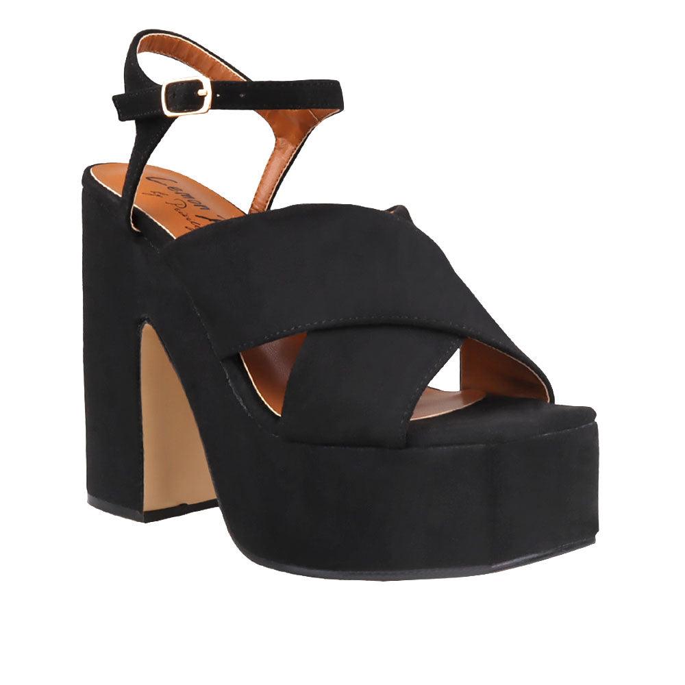 Black coloured vegan leather open toe women block heel-corner view