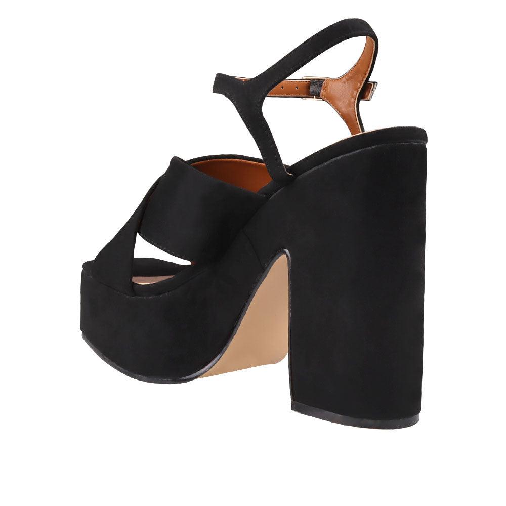Black coloured vegan leather open toe women block heel-posterior view