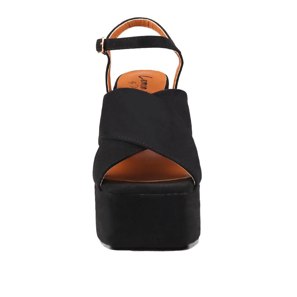 Black coloured vegan leather open toe women block heel-front view