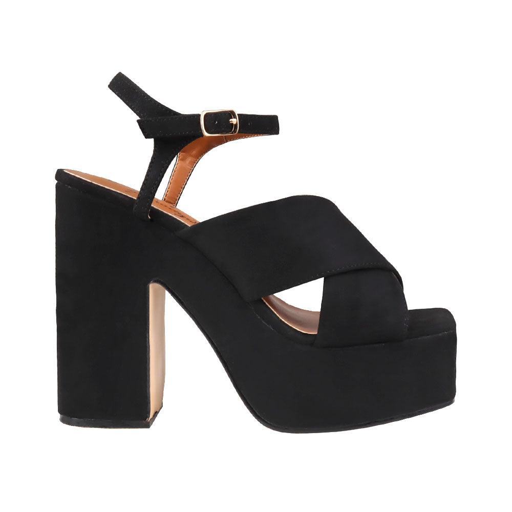 Black coloured vegan leather open toe women block heel-side view