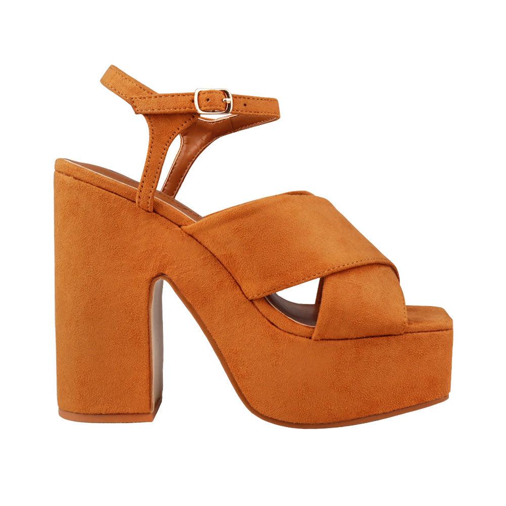 Camel coloured vegan leather open toe women block heel-side view