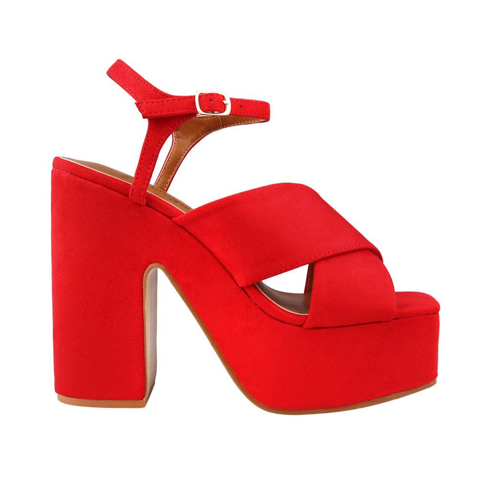 Red coloured vegan leather open toe women block heel-side view