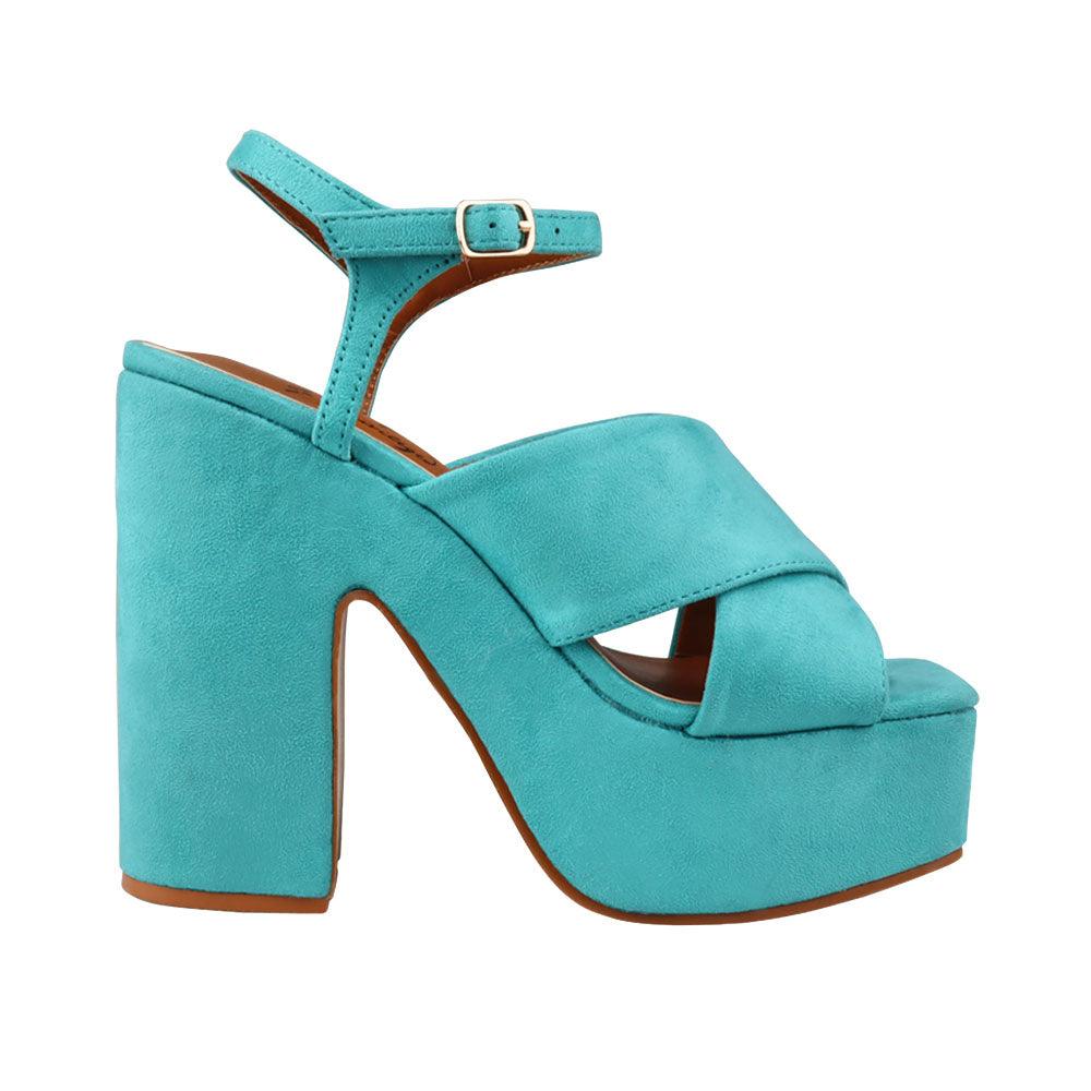 Turquoise coloured vegan leather open toe women block heel-side view