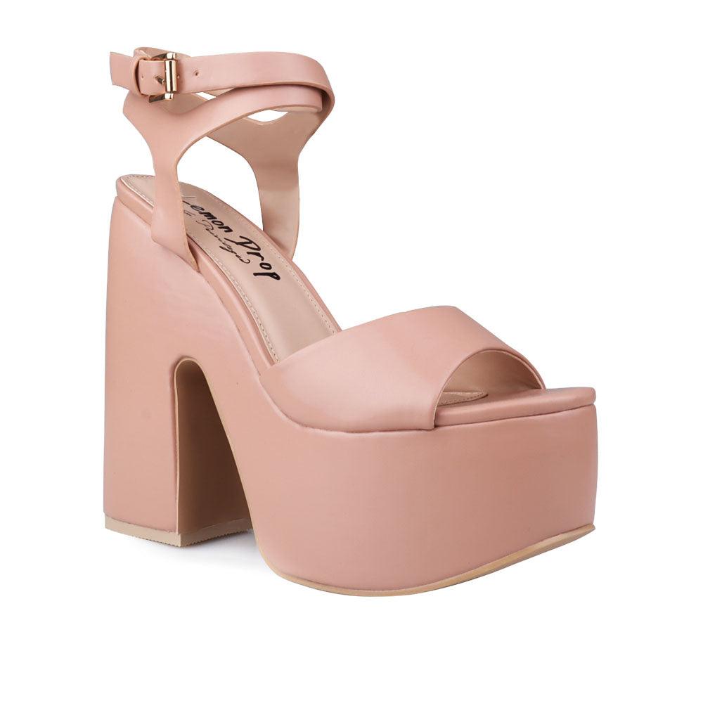 Nude leather women's block heel with platform-corner view