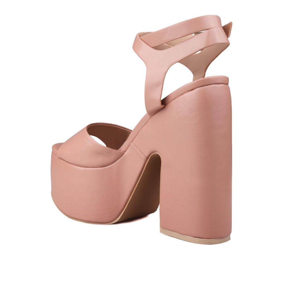 Nude leather women's block heel with platform-posterior view