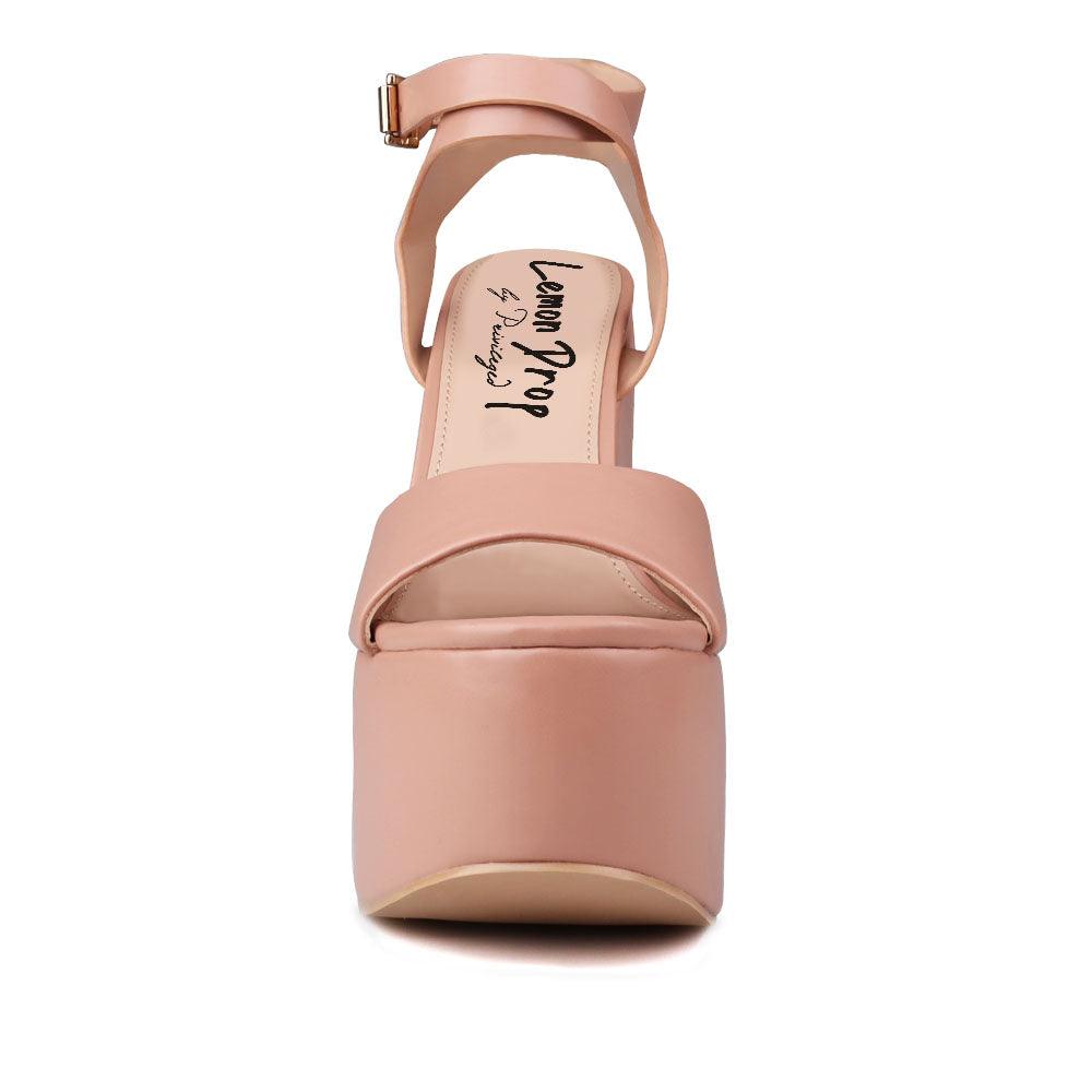 Nude leather women's block heel with platform-front view