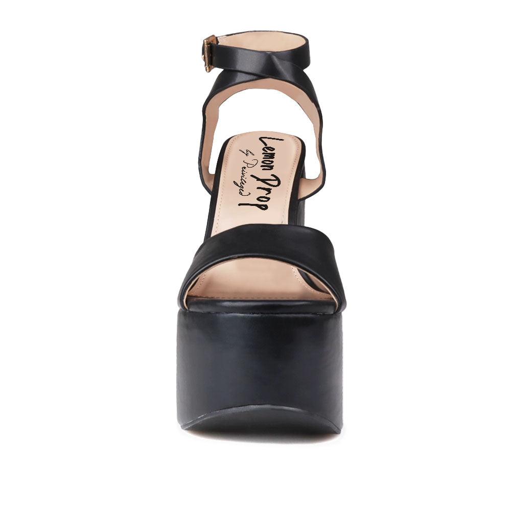 Black leather women's block heel with platform-front view