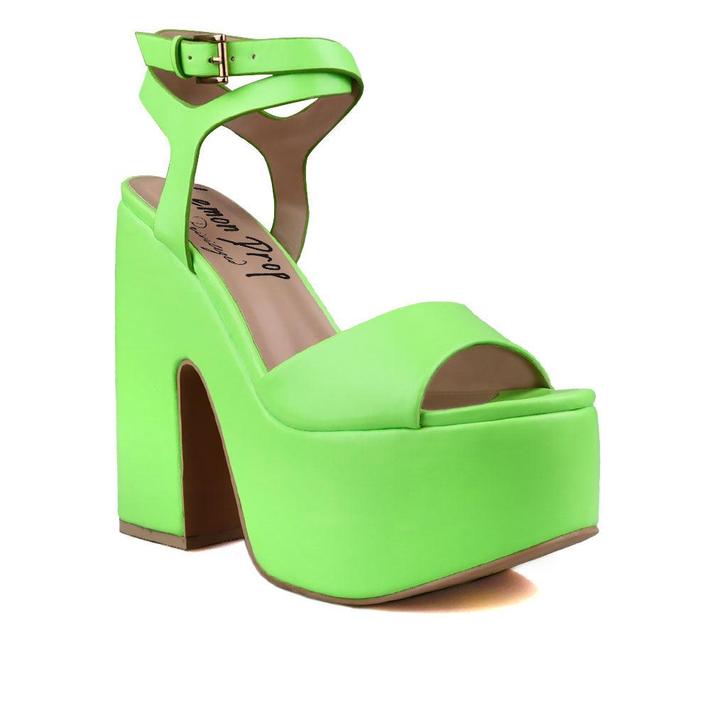 Neon green leather women's block heel with platform-corner view