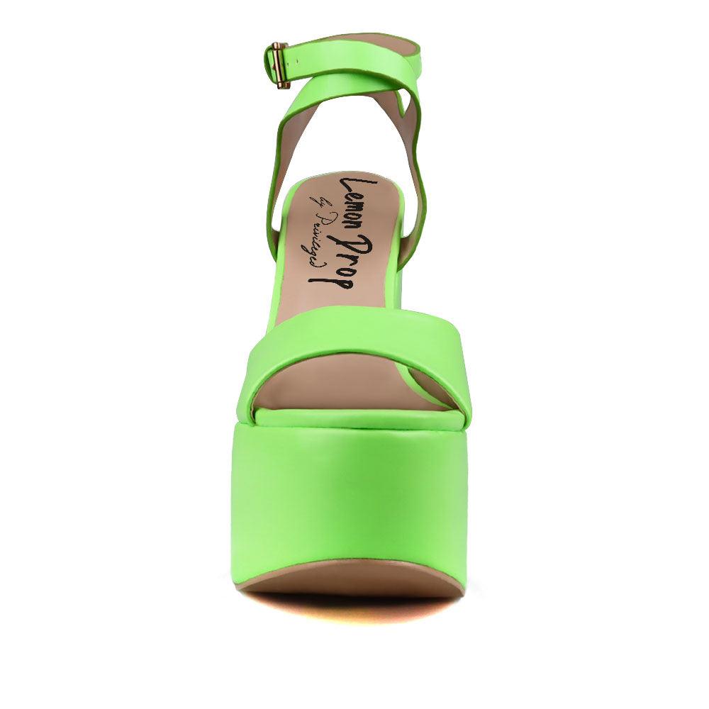 Neon green leather women's block heel with platform-front view