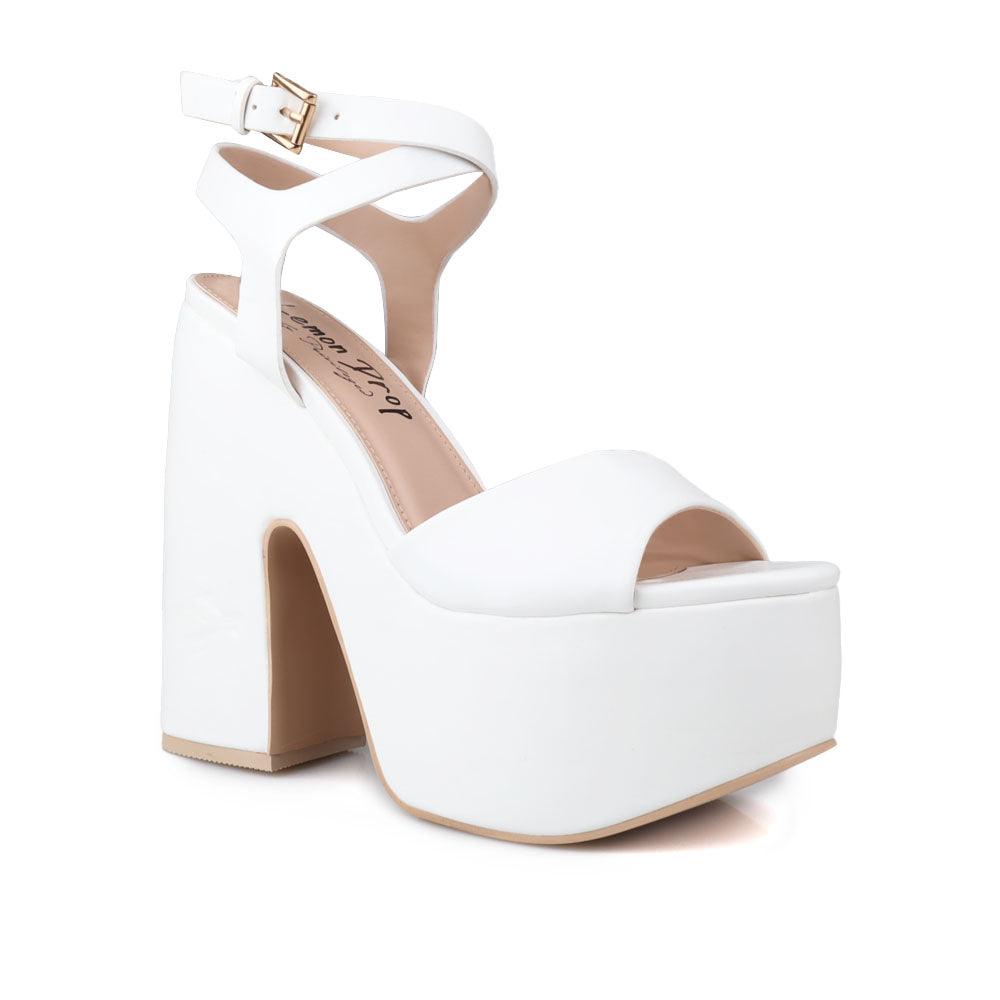 White leather women's block heel with platform-corner view