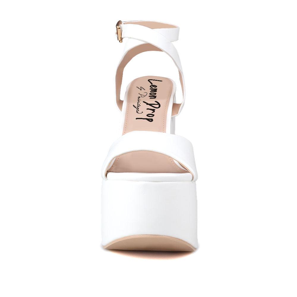White leather women's block heel with platform-front view
