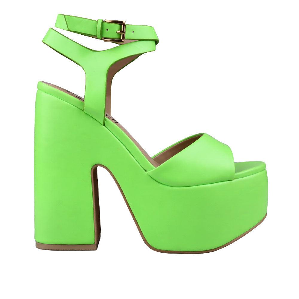 Neon green leather women's block heel with platform-side view