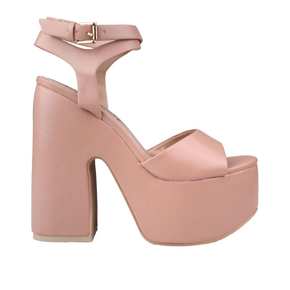 Nude leather women's block heel with platform-side view