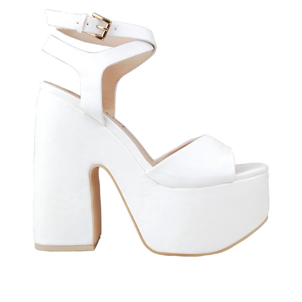 White leather women's block heel with platform-side view