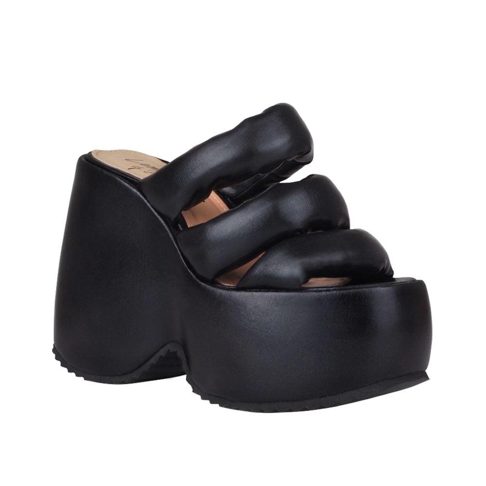 Textiled upper platform women's heel in black-corner view