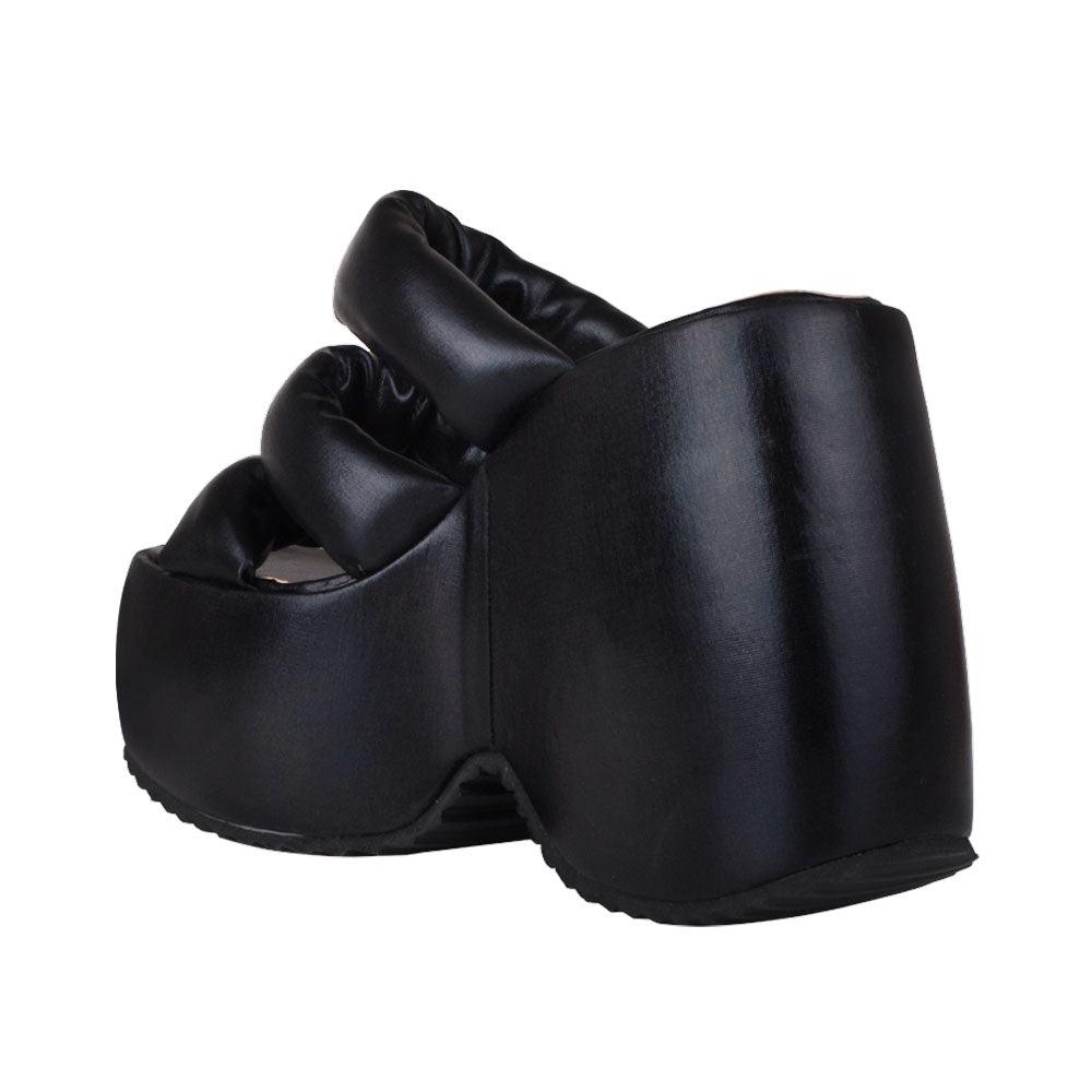 Textiled upper platform women's heel in black-posterior view