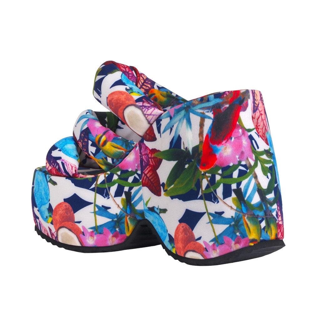 Flower patterned textile upper platform women's heel-posterior view