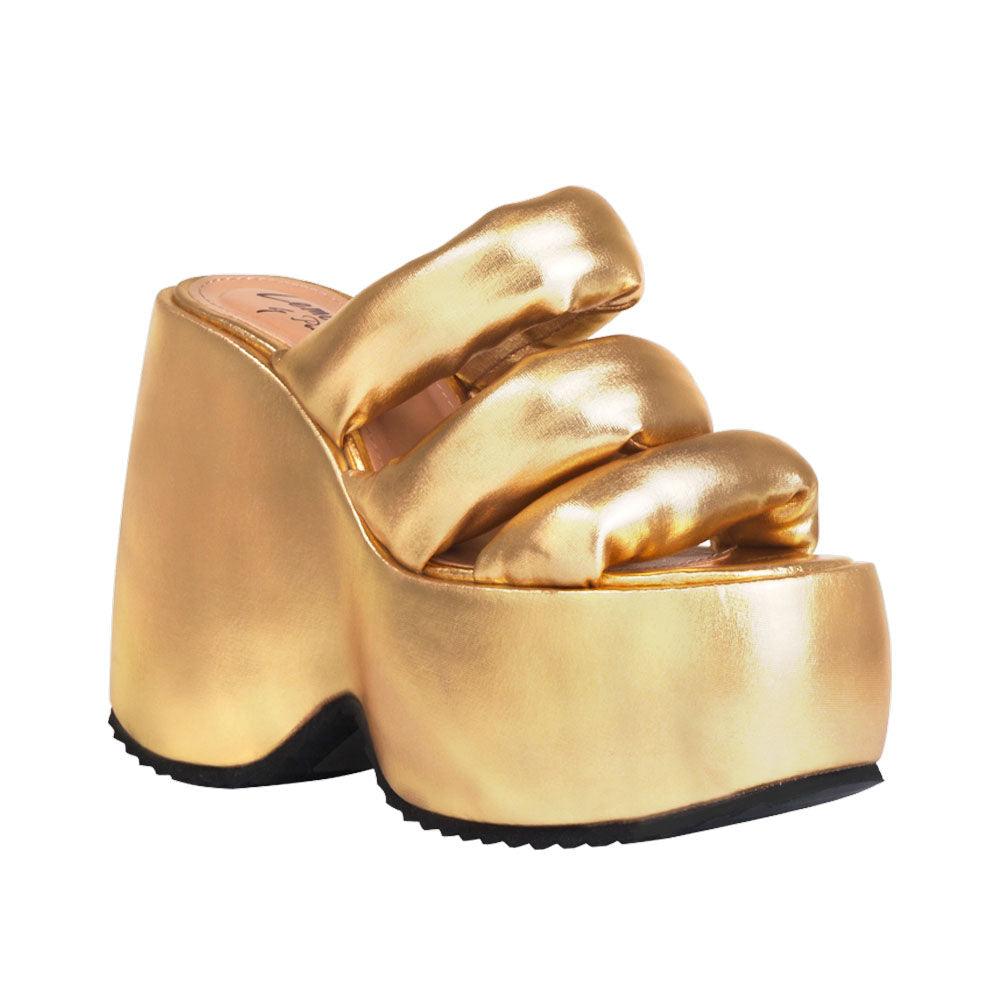 Textiled upper platform women's heel in gold-corner view