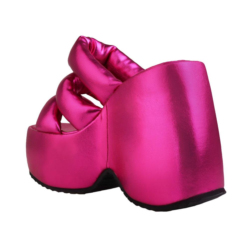 Textiled upper platform women's heel in fuchsia-posterior view