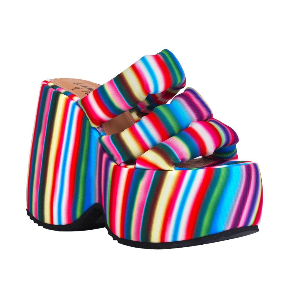 Multi-colour textiled upper platform women's heel -corner view