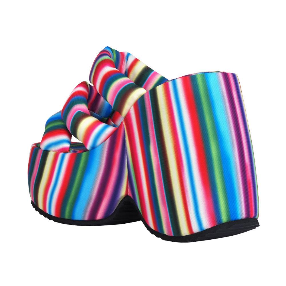 Multi-colour textiled upper platform women's heel-posterior view