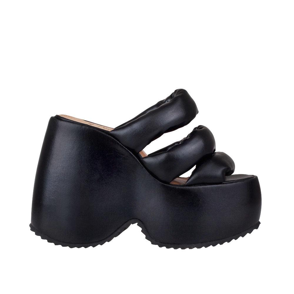 Textiled upper platform women's heel in black-side view