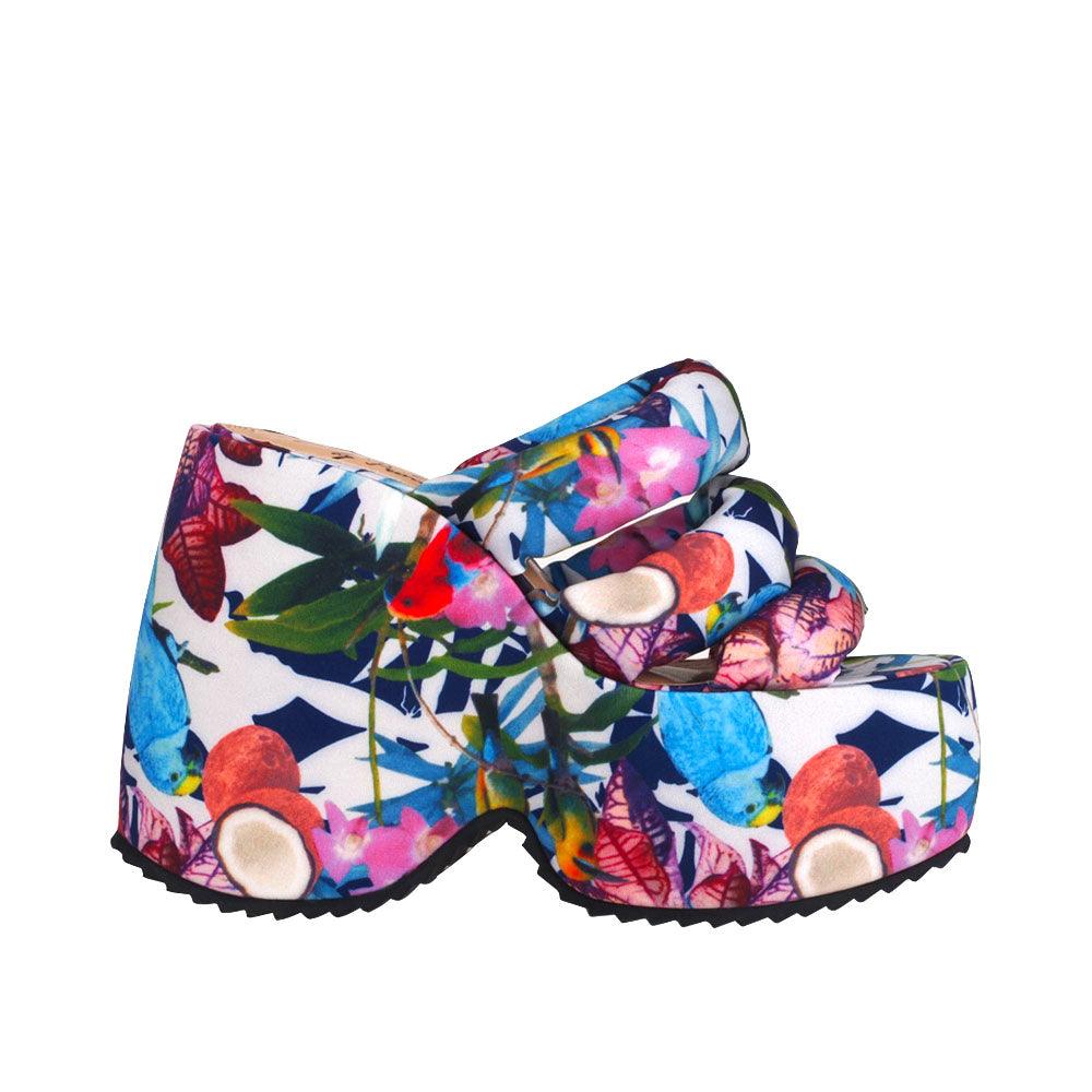 Flower patterned textile upper platform women's heel-side view