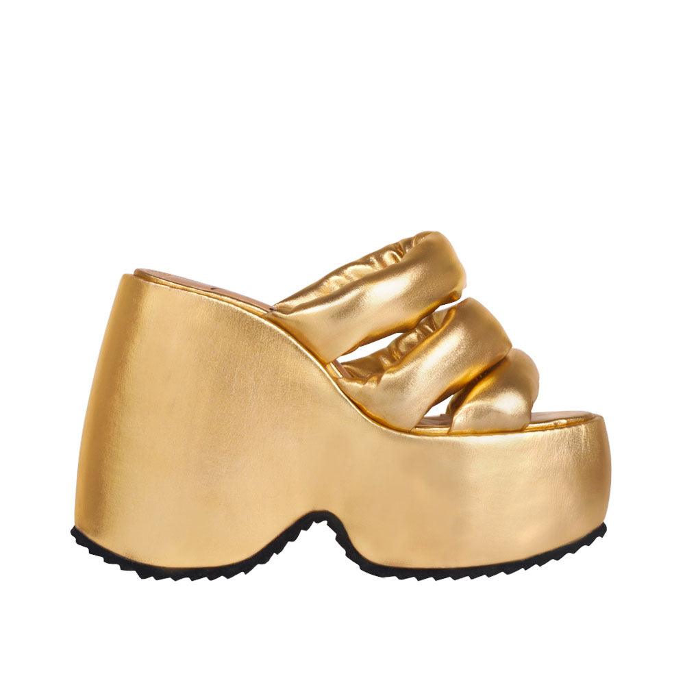 Textiled upper platform women's heel in gold-side view