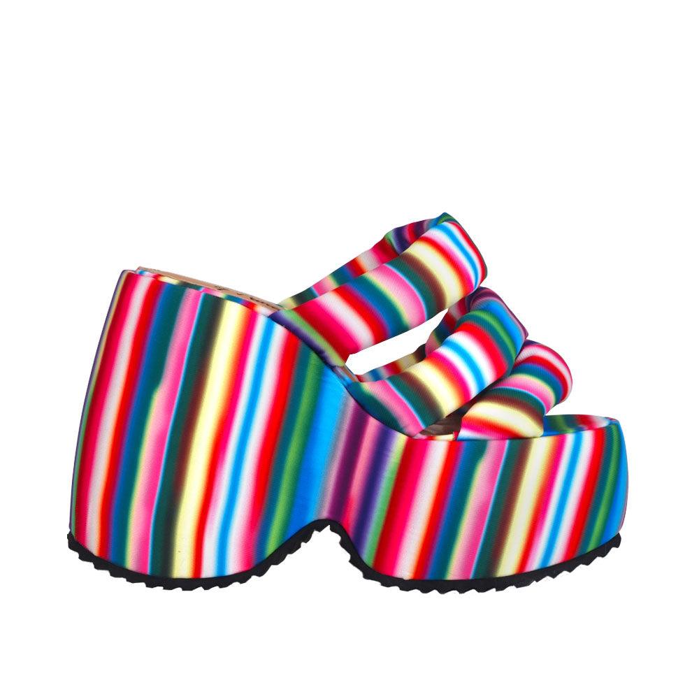 Multi-colour textiled upper platform women's heel -side view