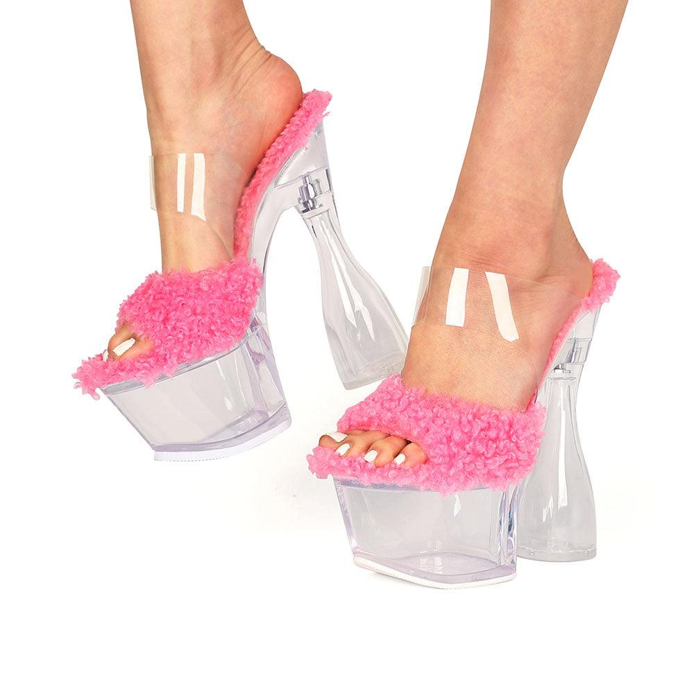 Pink coloured vegan shearling shaggy slip-on women heels