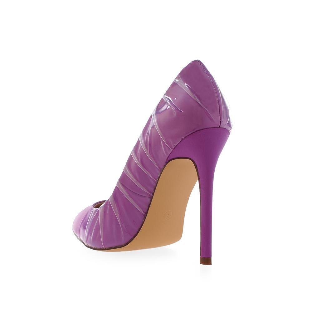 Women's purple-colored pump high heel shoes with ruched detail-side view-posterior view