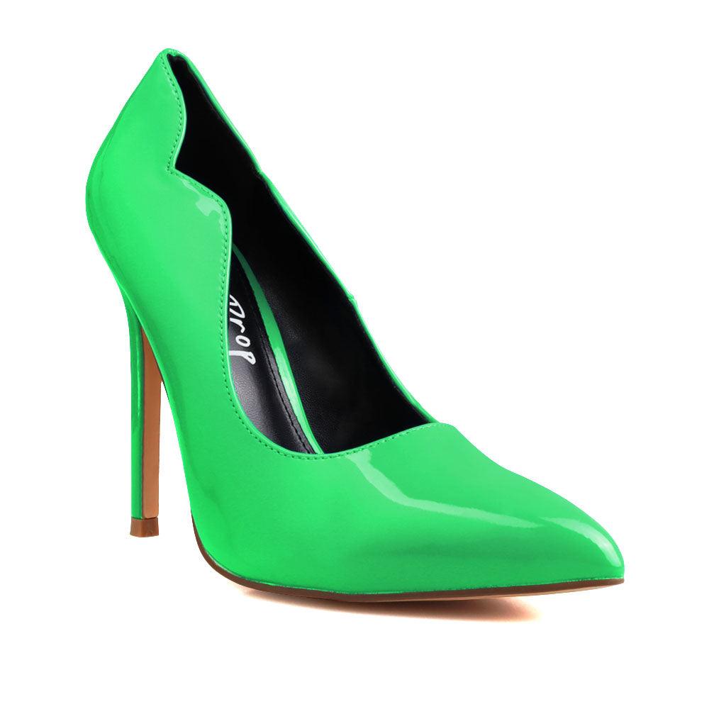 Vegan leather upper women heels in green-corner view