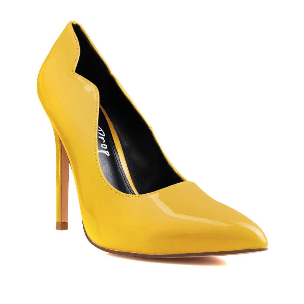 Vegan leather upper women heels in mustard-corner view